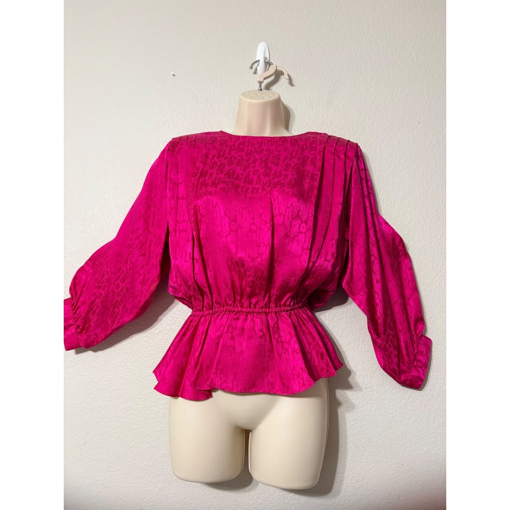 Argenti Petites Vintage 80s Hot Pink 100% Silk Jacquard Peplum Blouse Size 10